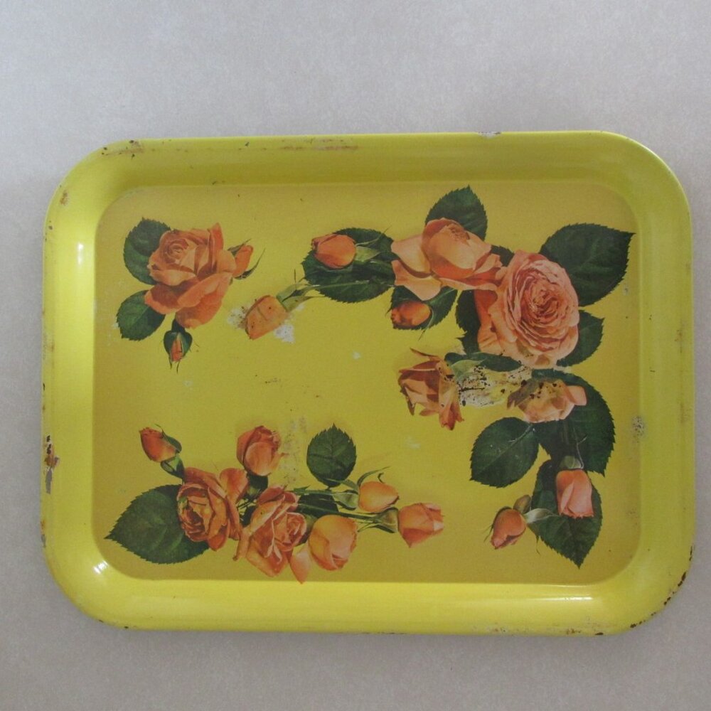 VINTAGE METAL TRAY YELLOW PEACHY PINK ROSES RECTANGLE SERVING SHABBY CHIC COTTAG - Picture 5 of 6
